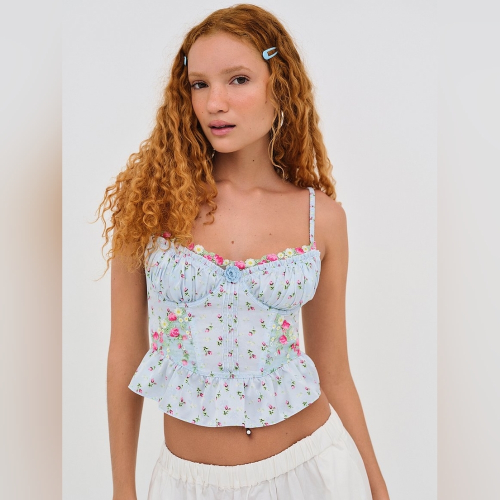 FOR LOVE & LEMONS Blue Floral Aurelia Bustier Size Large NWT